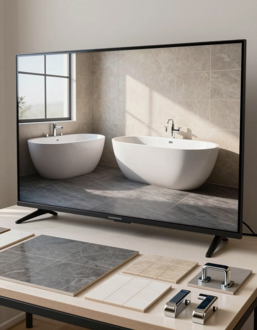 Rendering 3D di un bagno affiancato a campioni materiali