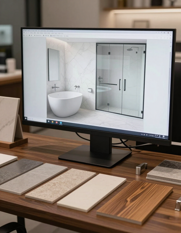 Rendering CAD di un bagno e campioni materiali in showroom