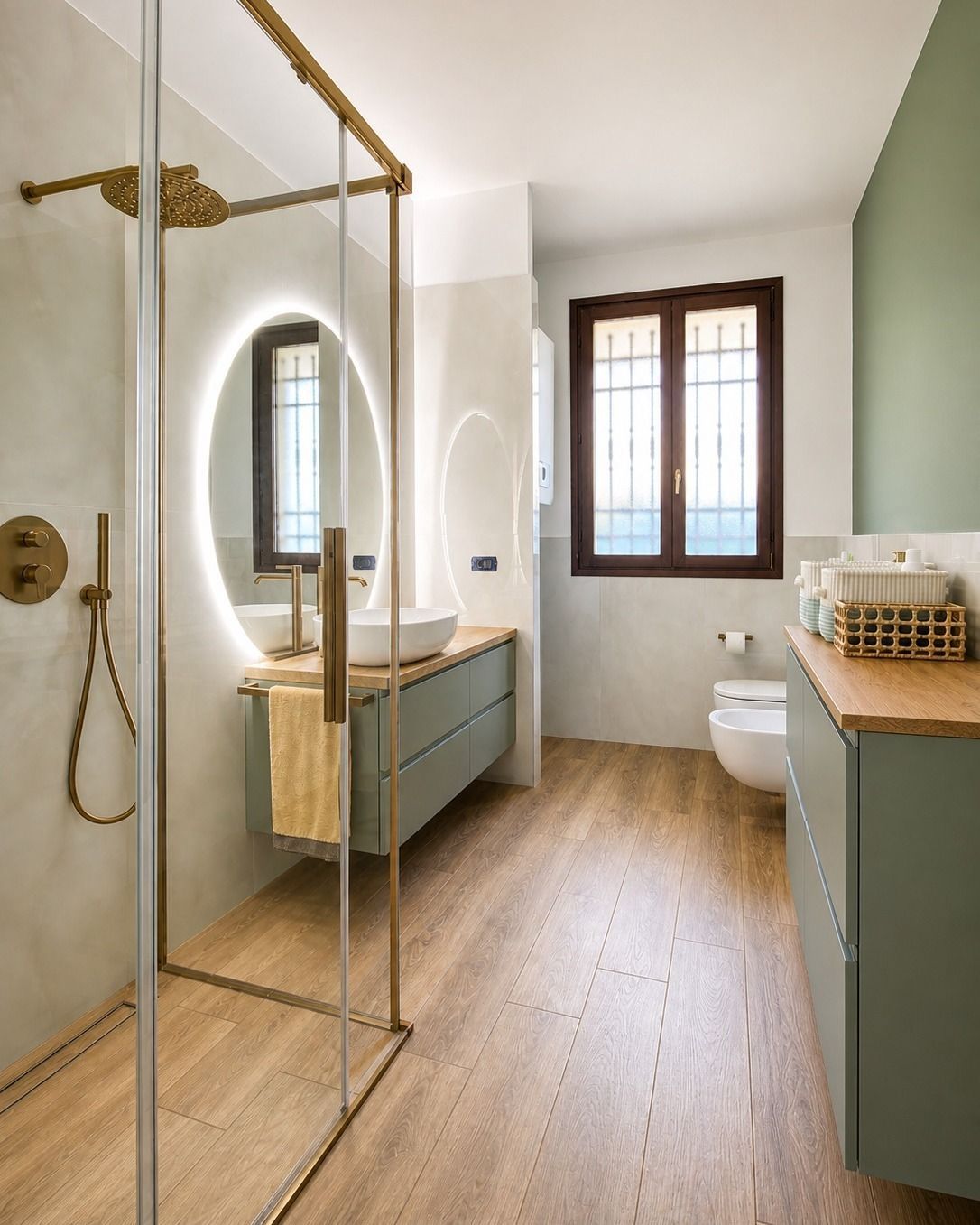 Bagno moderno con doccia in vetro, mobile lavabo in legno e finestra con luce naturale.