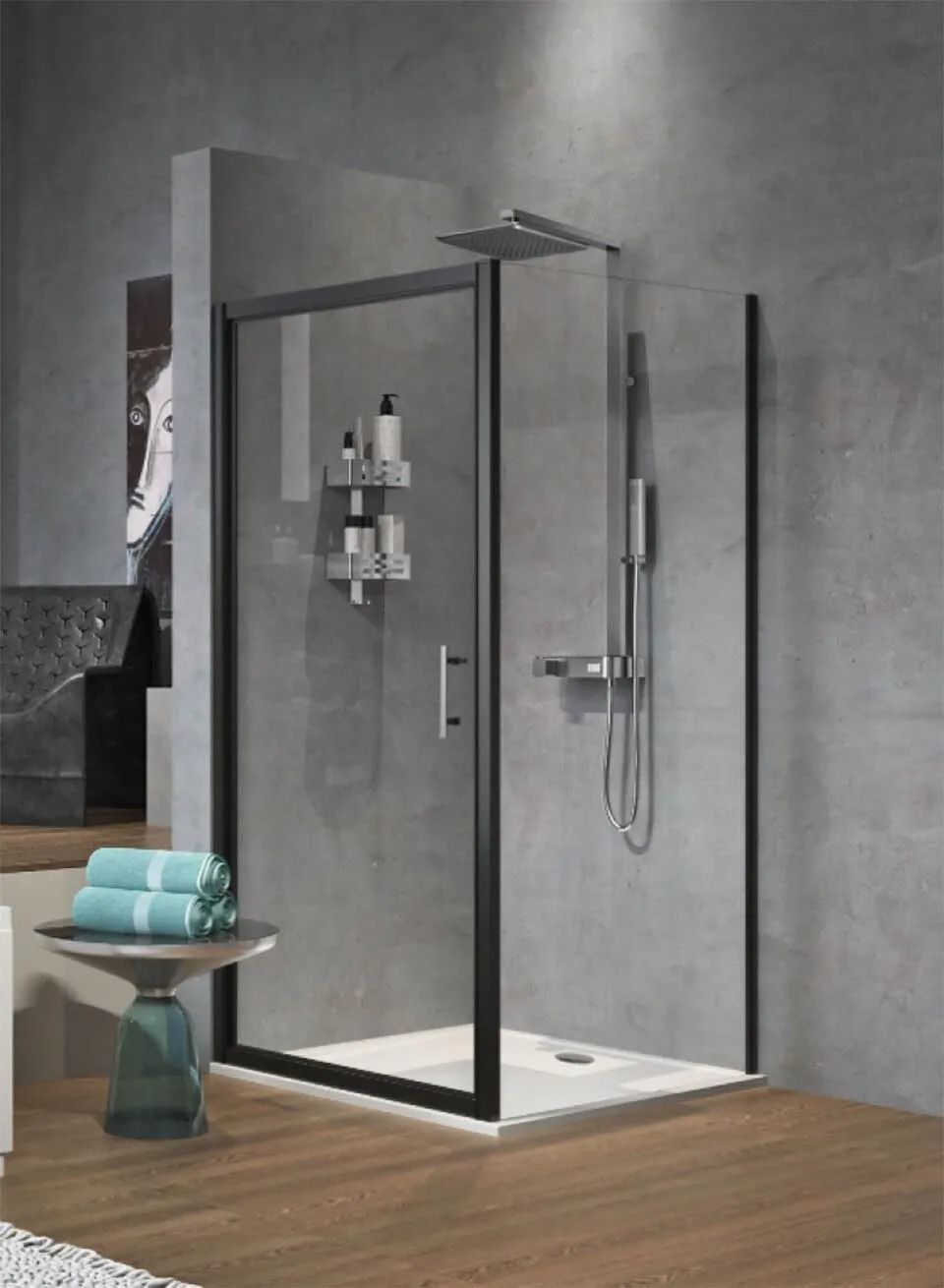 Cabina doccia moderna con box in vetro, rubinetteria a parete e asciugamani color verde acqua su uno sgabello.