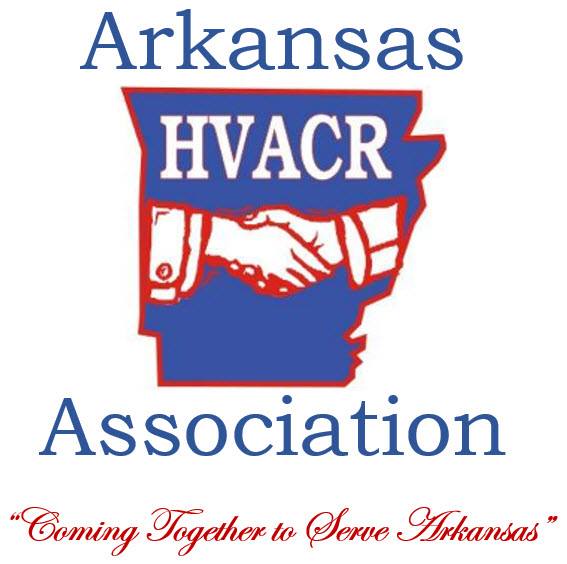Logo for the Arkansas HVACR Association: a red outline of Arkansas with a handshake inside, blue and white text.