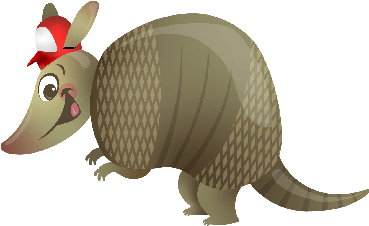 Cartoon armadillo smiling, with a red bird perched on its head.