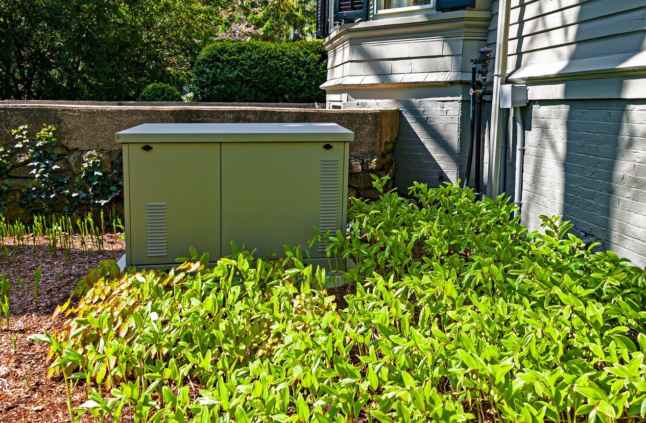 A green, outdoor electrical generator sits beside a building and is surrounded by green plants.