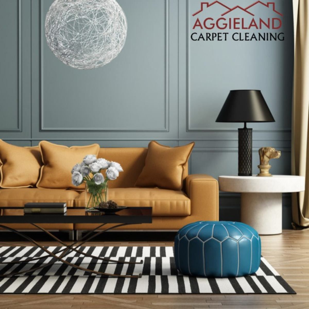 a living room with a couch and ottomans and a sign that says aggieland carpet cleaning.