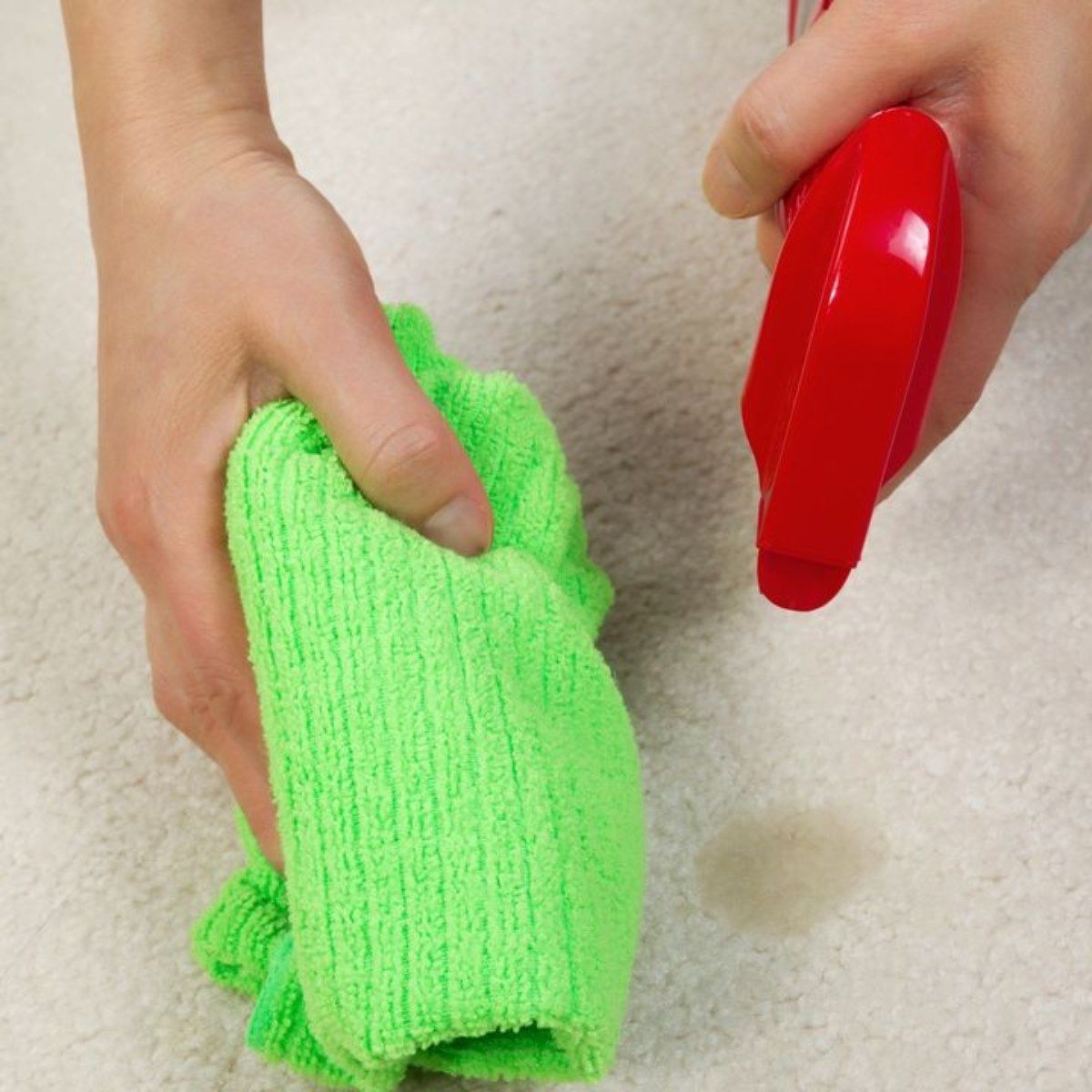 a person is cleaning a carpet with a green cloth.