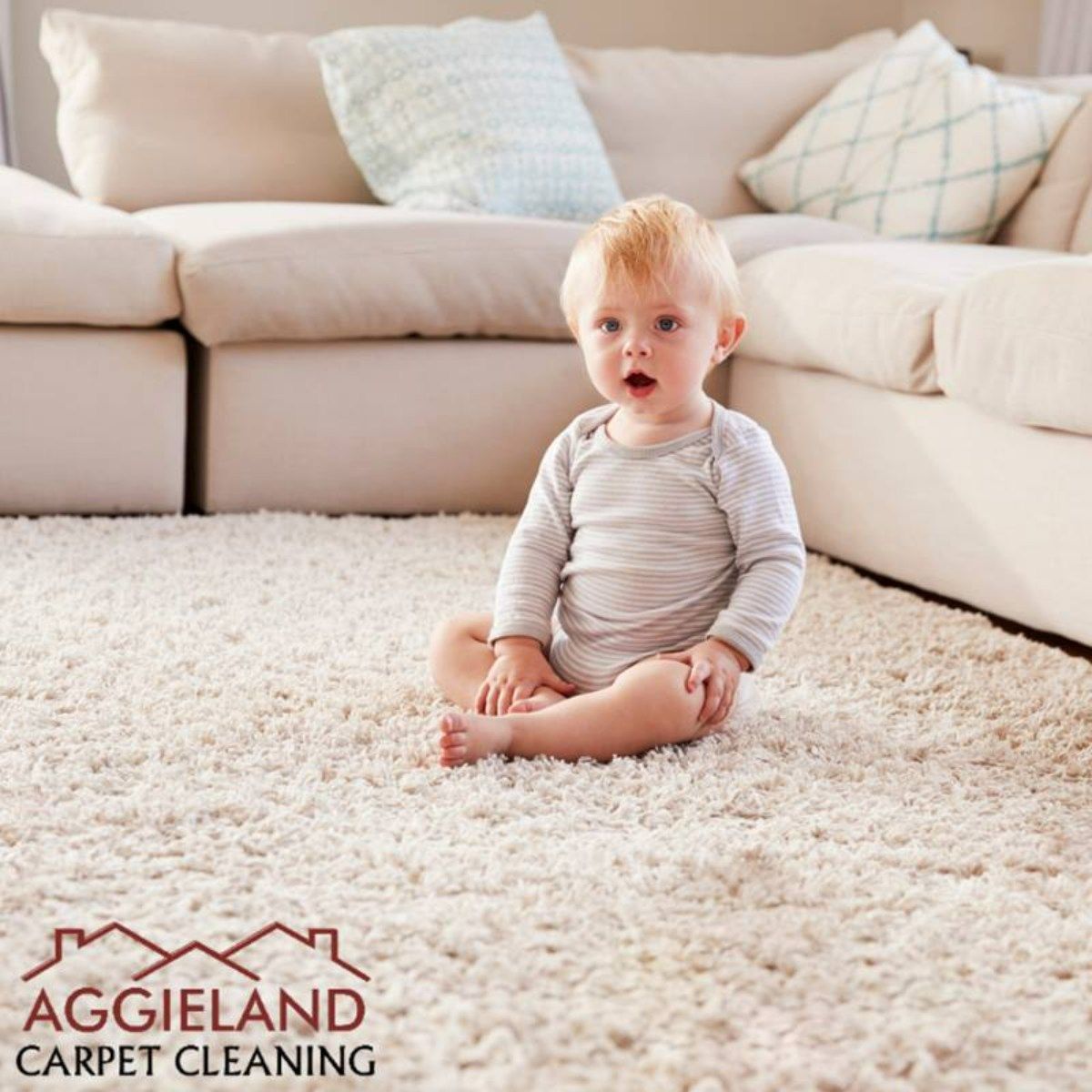 a baby is sitting on a white carpet with aggieland carpet cleaning written on the bottom