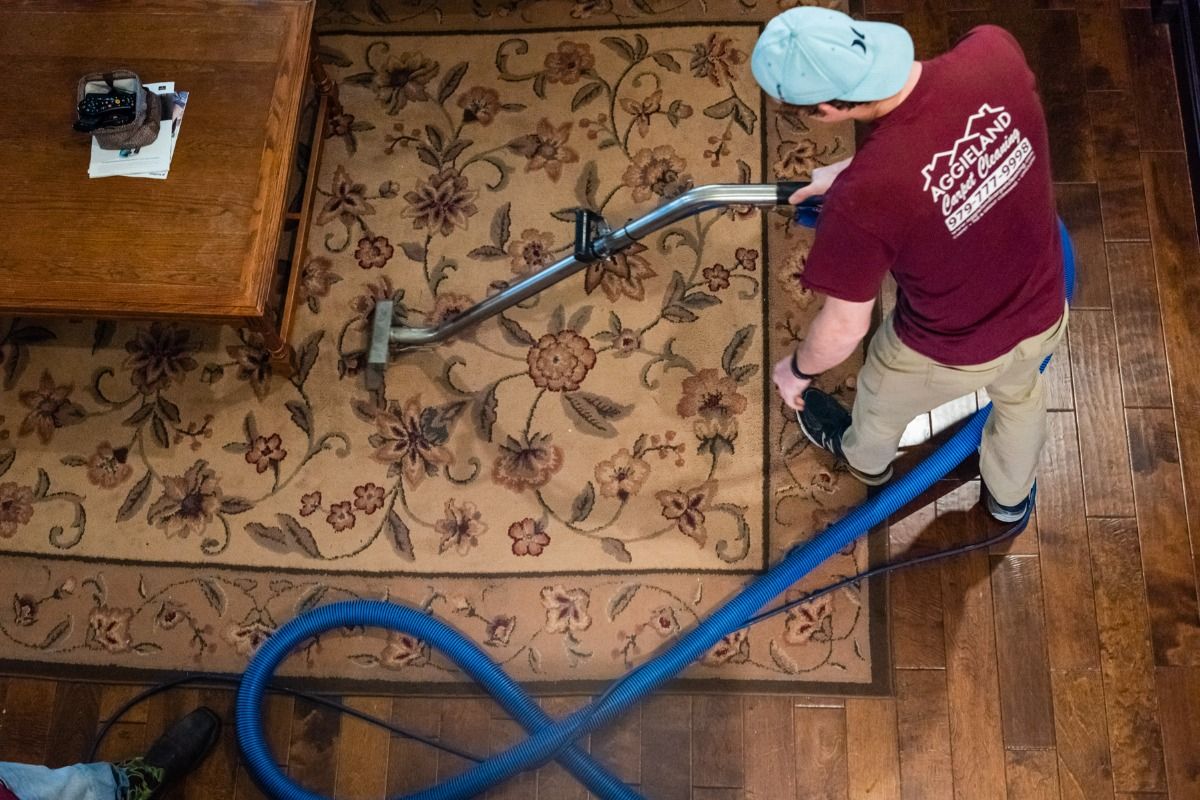 a man is cleaning a rug with a vacuum cleaner .