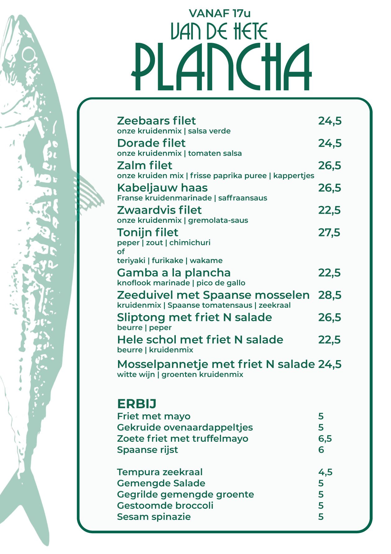 Turquoise menuposter voor restaurant La Percha met een afbeelding van een vis en een lijst met gerechten en prijzen.