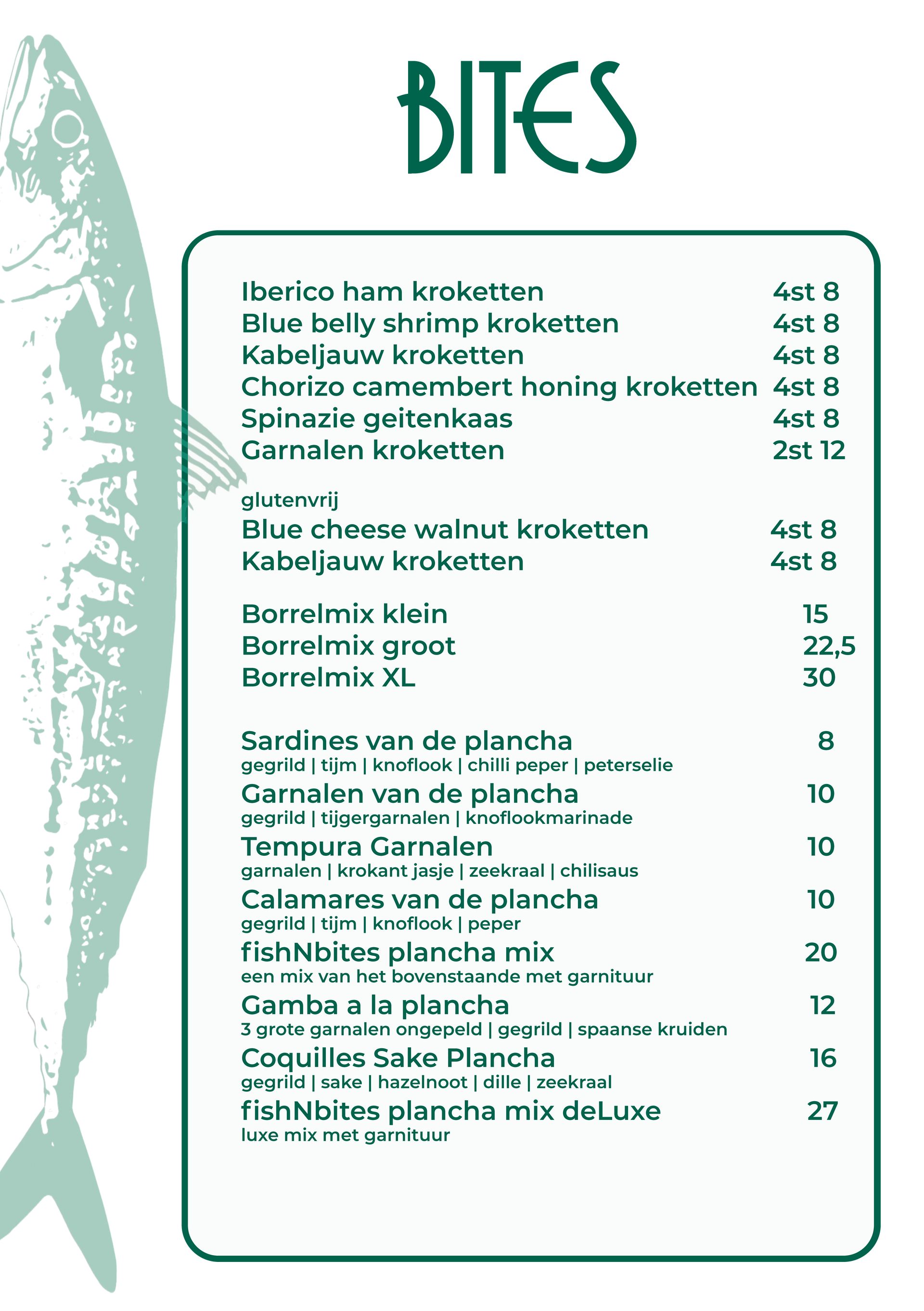 Inhoudsopgave van het tijdschrift Bites met groene titel, rand met visskelet en een lijst met artikelen.