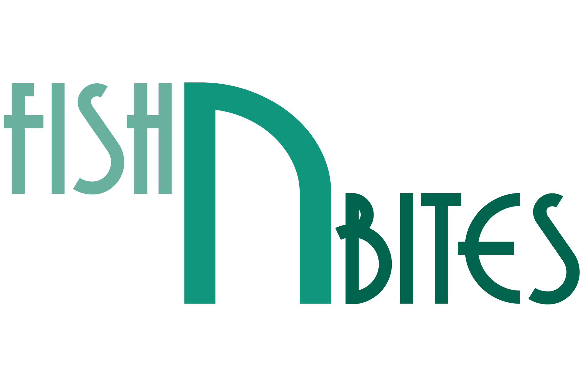 Het Fish N Bites-logo in turquoise en donkergroen, met gestileerde tekst op een witte achtergrond.