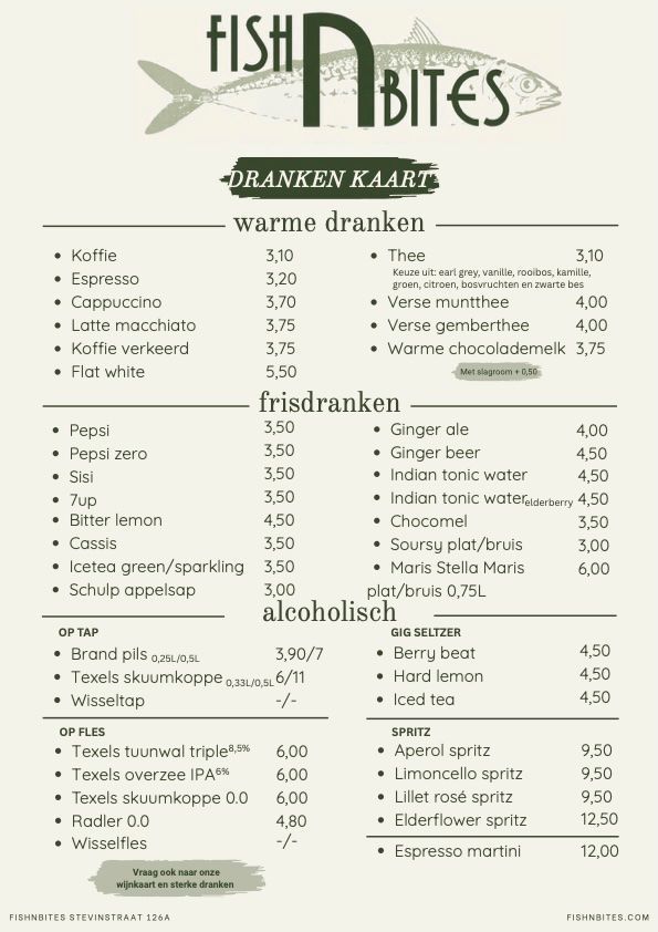 Menukaart van restaurant Fish Bites met visgerechten, prijzen en een groen logo op een witte achtergrond.
