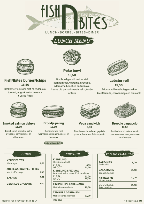 lunchkaart van restaurant fishNbites met afbeeldingen van zeevruchtensandwiches, poke bowl en prijsinformatie.