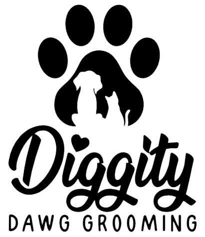 A black and white logo for a dog grooming company.