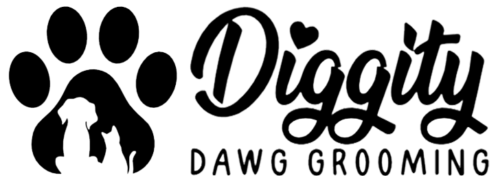 A black and white logo for diggity dawg grooming with paw prints.