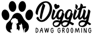A black and white logo for diggity dawg grooming with paw prints.