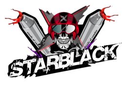Silueta de un coche deportivo negro sobre la palabra “STARBLACK” en texto negro en negrita.
