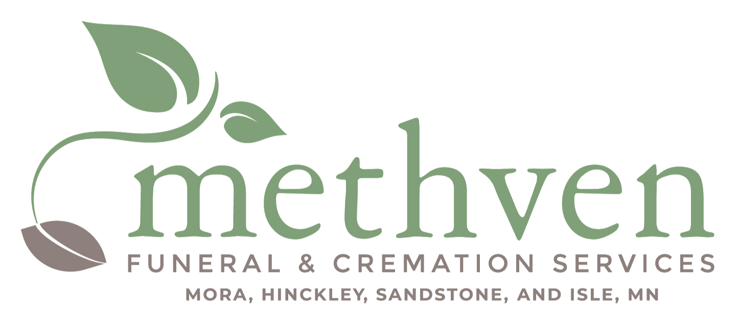 Methven Funeral & Cremation Services logo with green leaf and gray flower icon, white background