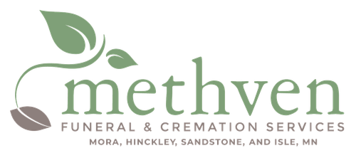 Methven Funeral & Cremation Services logo with green leaf and gray flower icon, white background