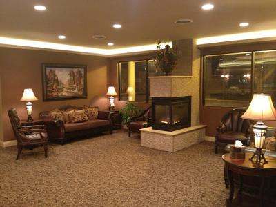 Cozy living room with sofas, lamps, fireplace, and large windows at night