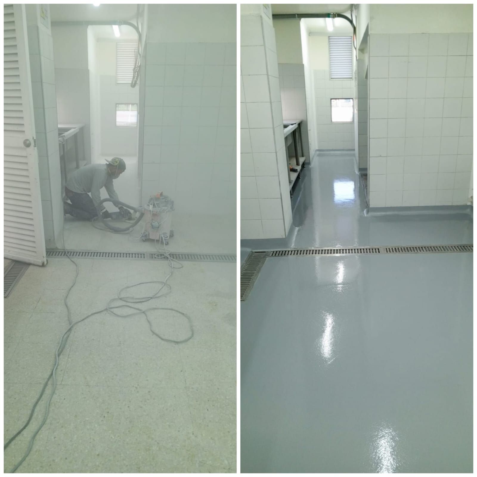 Renovación de pisos: Una persona puliendo un piso (izquierda), luego la superficie gris lisa terminada (derecha).