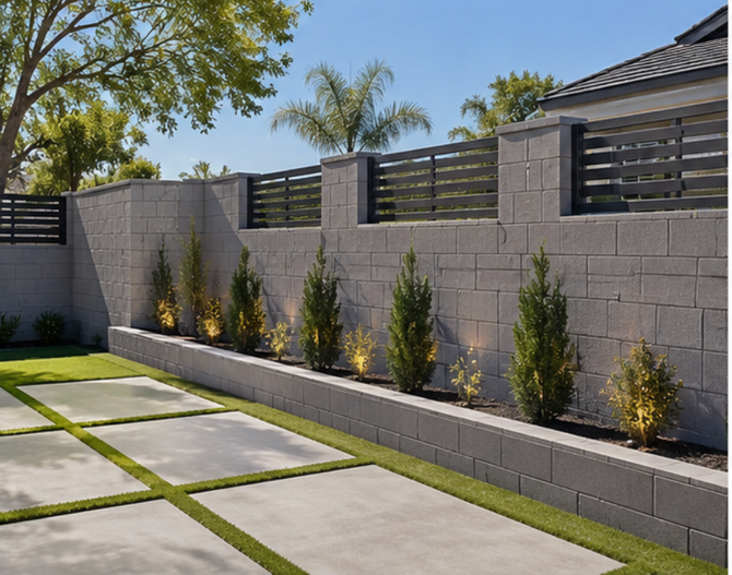 Modern backyard with a gray decorative block wall featuring black horizontal metal fence panels, raised planter bed.