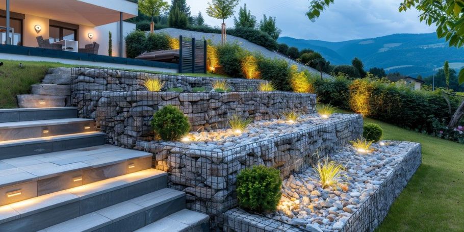 Stone terraced garden with stair pathway lit by warm lights and greenery, overlooking distant mountains.