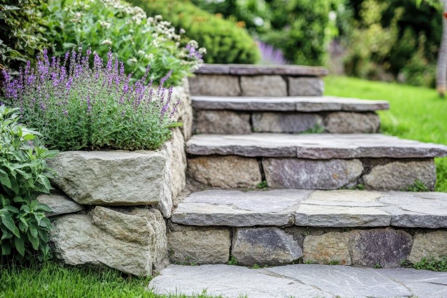 Stone steps lead up a grassy hill, with a stone planter box with purple flowers.