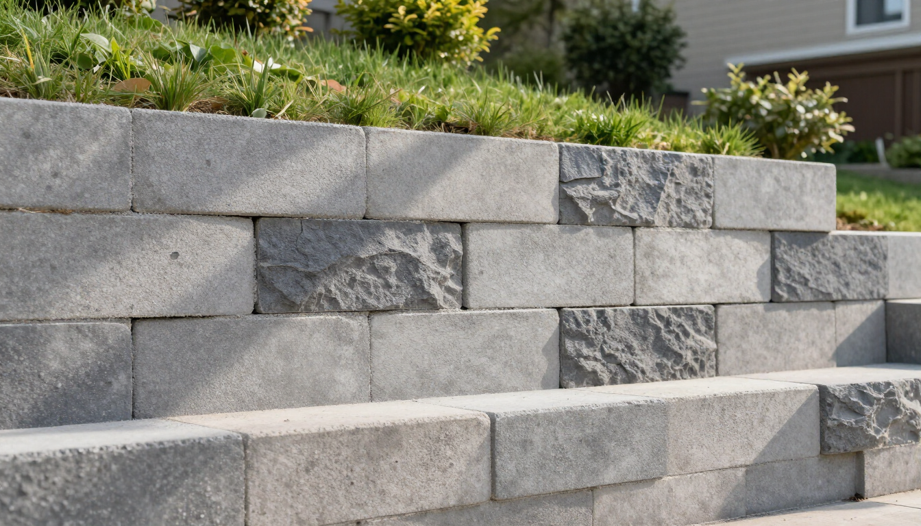 “Block retaining wall with textured stone accents supporting block and retaining wall service in Mission Viejo, CA”