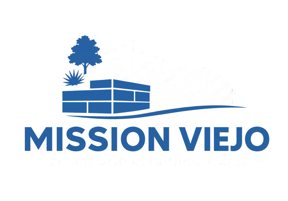 Mission Viejo Block & Retaining Walls logo with a blue and gray block wall icon and clean professional branding.