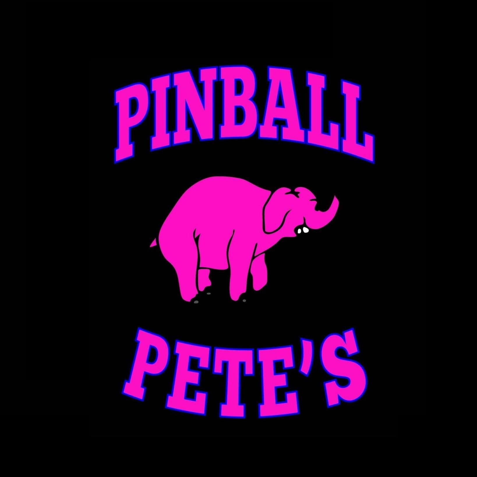 Pink elephant with buck teeth between "PINBALL" and "PETE'S" in purple text with blue outline, on a black background.