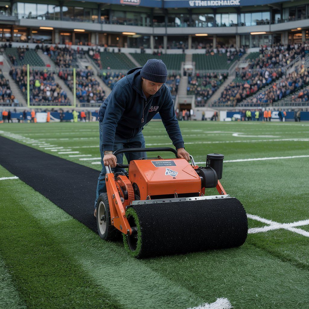 Man rolling out a black strip on a green football field with a machine, stadium in background.