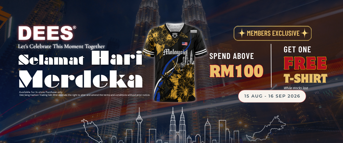 DEES Merdeka promo banner with black jersey, “Spend above RM100” and free T-shirt offer