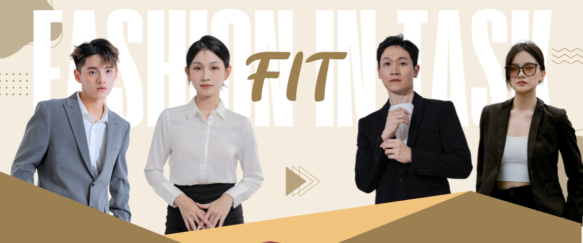 Four people posing in stylish outfits on a fashion-themed banner with the word “FIT.”