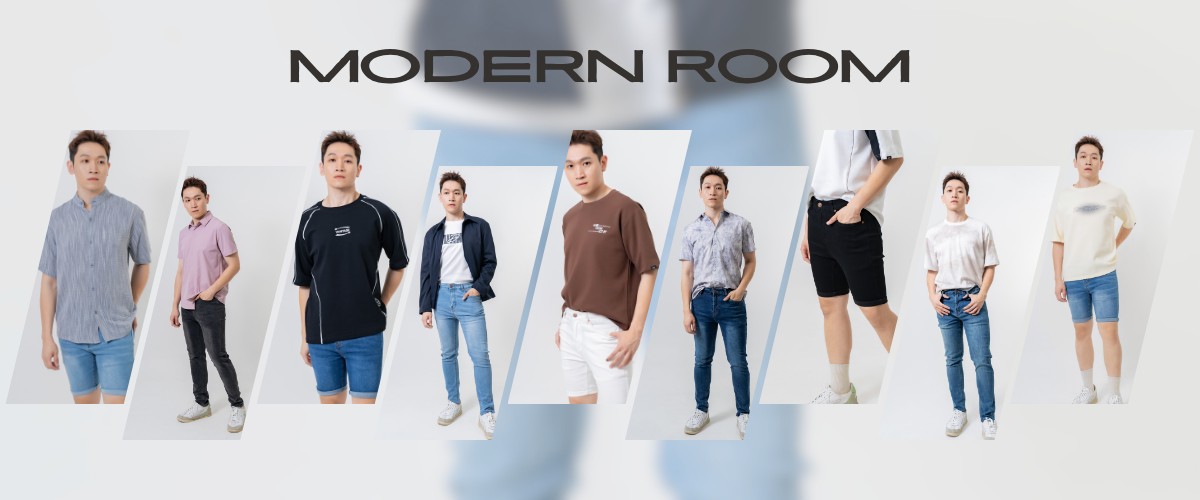 Modern Room fashion ad with eight casually dressed people standing in a row