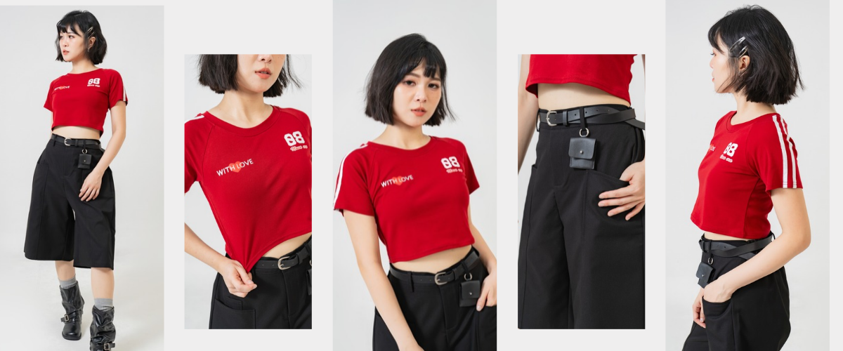 Five views of a model wearing a red cropped shirt and black high-waisted shorts, front and side views
