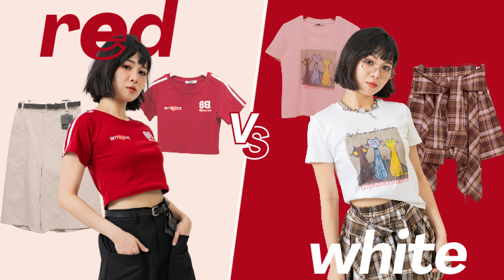 Red vs white fashion collage with a woman modeling outfits and clothing items displayed on both sides