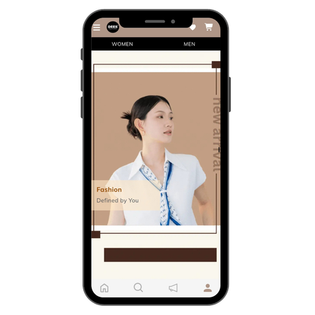 Fashion app mockup on a phone, showing a model in a white blouse with blue tie and menu tabs at top.