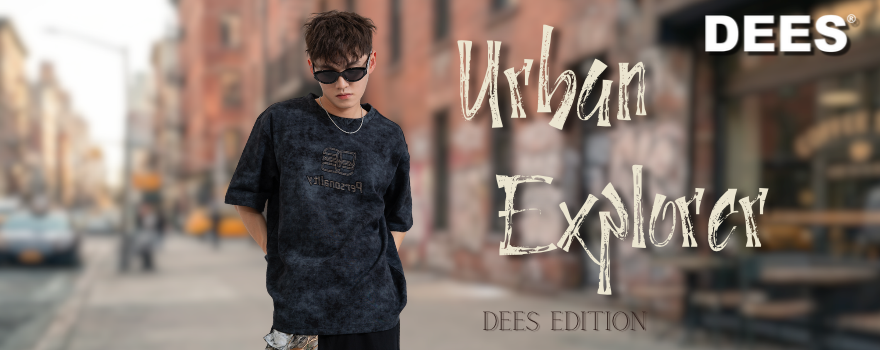 Teen in black outfit standing on a blurred city street with text “Urban Explorer” and “DEES” overlayed