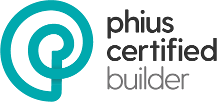 Phius Certified Builder logo with teal icon and black and gray text Phius Certified Builder logo with teal icon and black and gray text