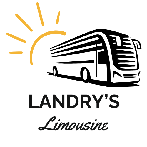 Logo of a black and white bus with a stylized yellow sun; text says "LANDRY'S Limousine".