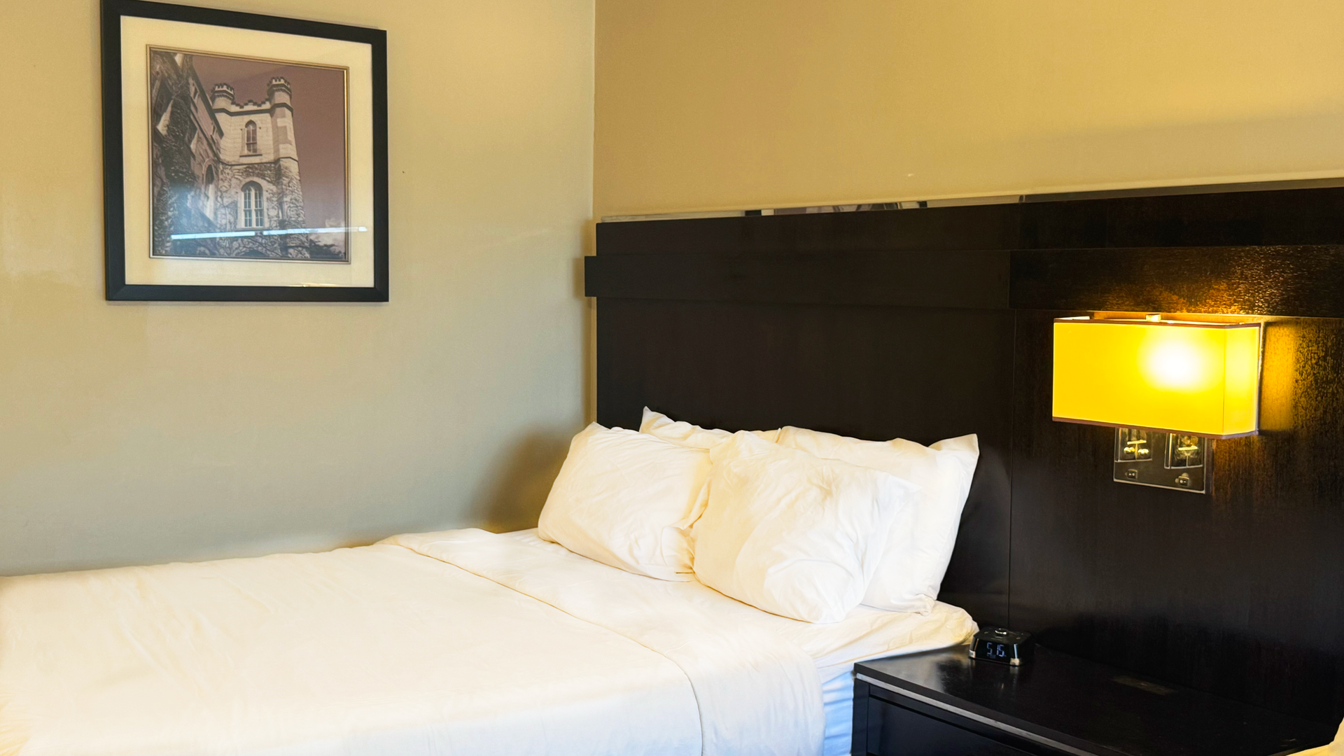 Hotel room with a bed, nightstand, lamp, and framed picture on the wall.