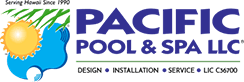 Logo for Pacific Pool & Spa LLC: sun, blue water, green palm leaves, blue text.