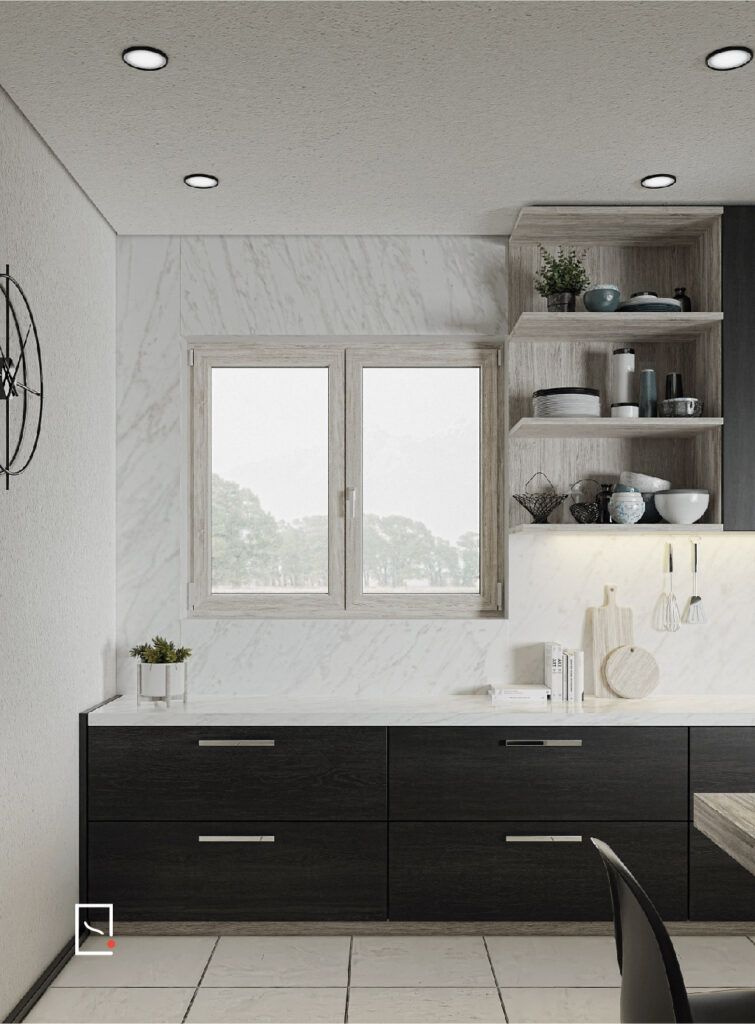 Finestra con cornice bianca e maniglia, raffigurata su sfondo grigio.