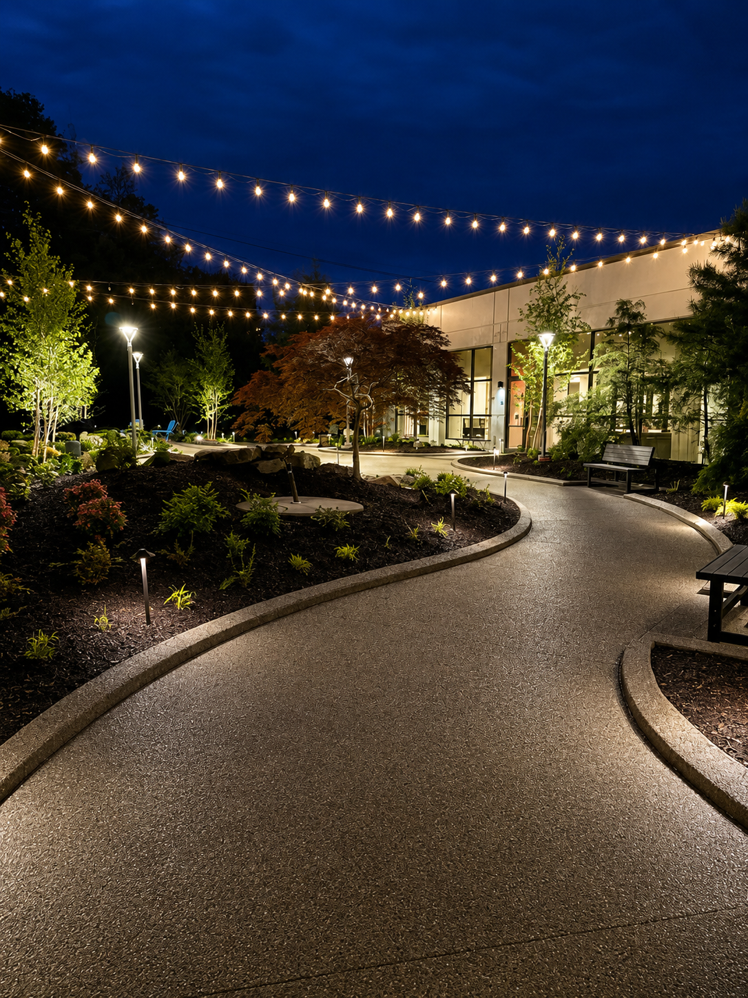 Driveway beside a gray house with a brick patio, lawn, and trees in the background.