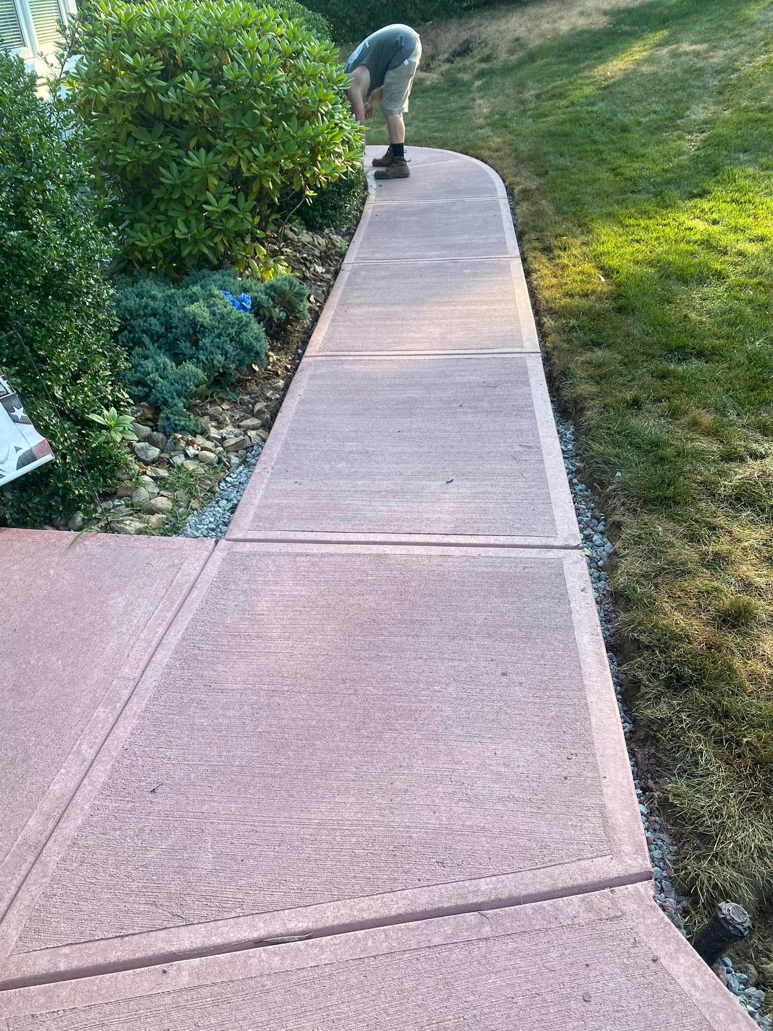 Person walking on a curved concrete path beside green grass and bushes.