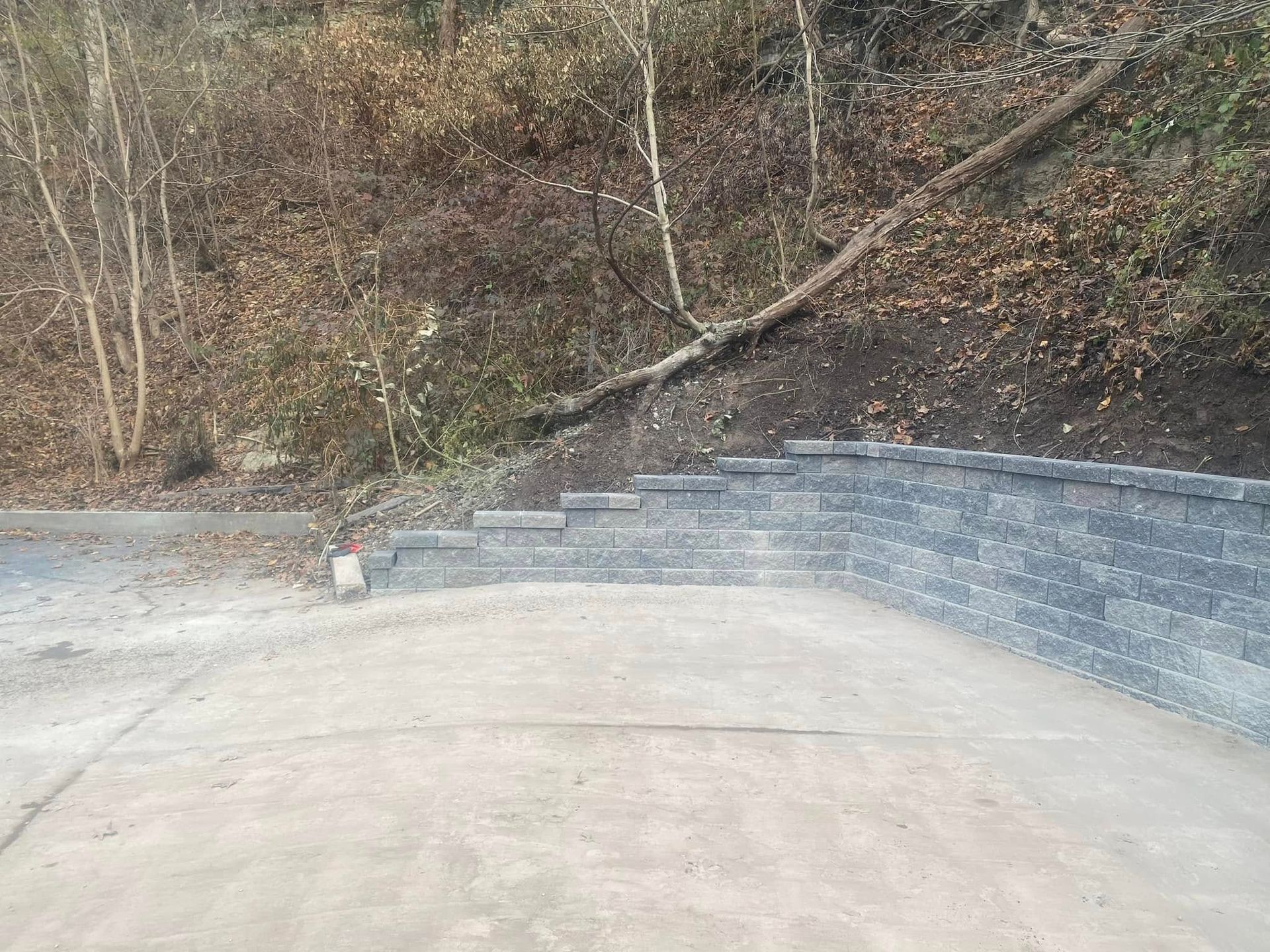 Curved concrete retaining wall beside a wooded hillside and paved area