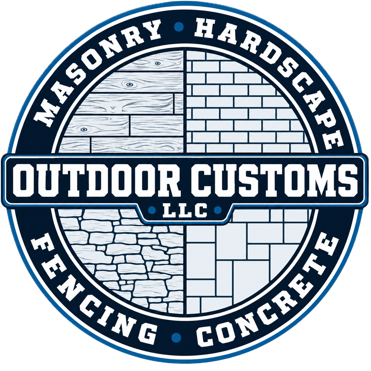 Outdoor Customs LLC logo with masonry, hardscape, fencing, and concrete circular design in navy and white