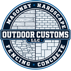 Outdoor Customs LLC logo with masonry, hardscape, fencing, and concrete circular design in navy and white
