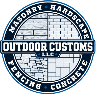 Outdoor Customs LLC logo with masonry, hardscape, fencing, and concrete circular design in navy and white