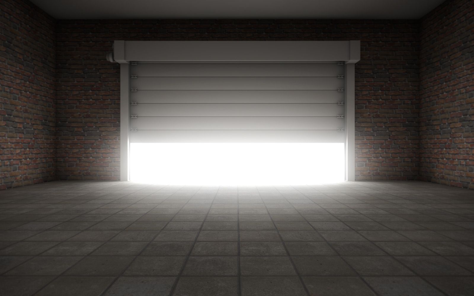 Bright light shining through a partially open roll-up garage door in a dim brick room